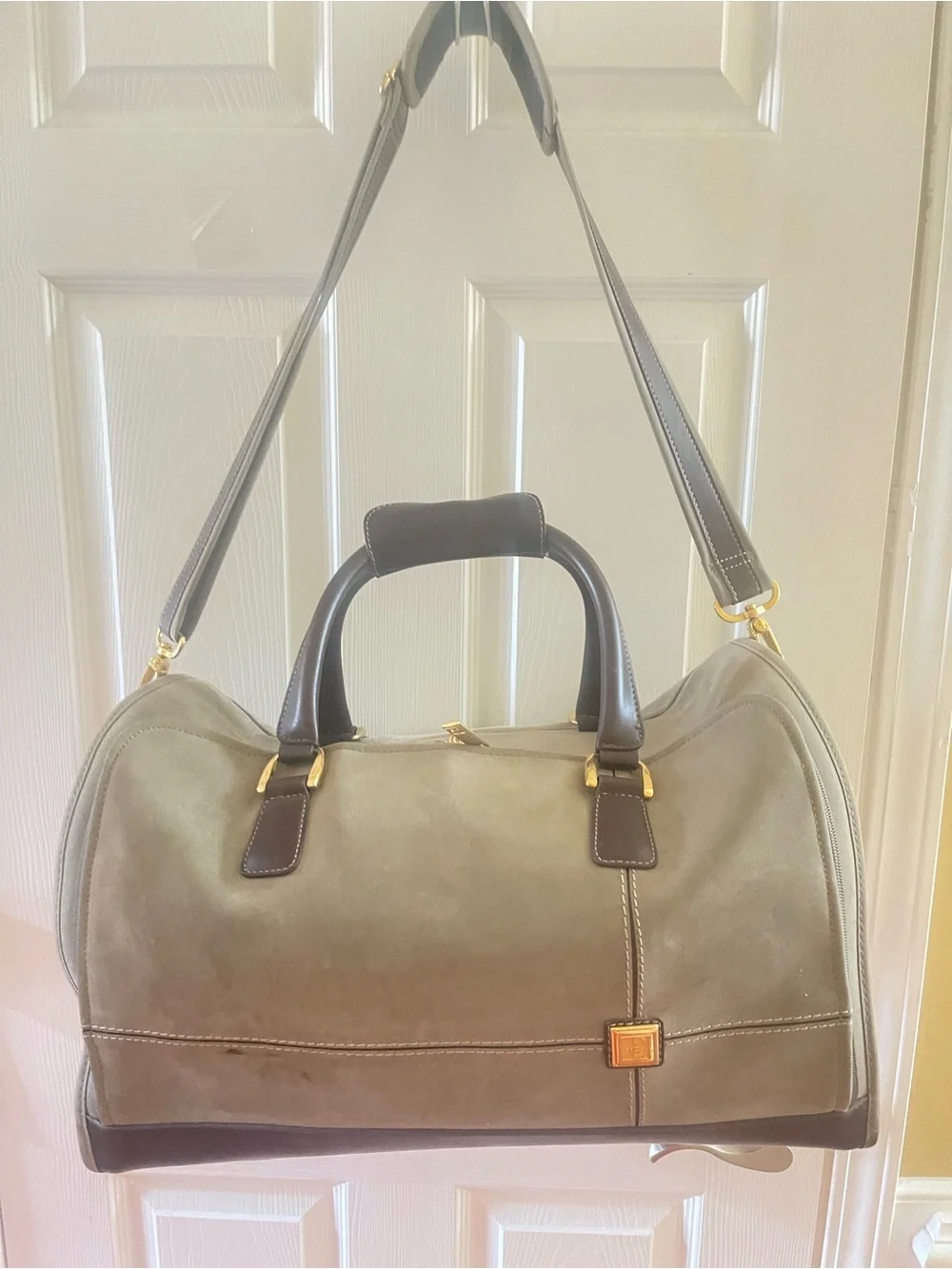 Diane Von Furstenberg olive Green Fabric canvas duffel bag brown leather straps